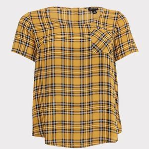 TORRID size 3 Mustard Yellow Plaid Abbey/Georgette Button Back Blouse